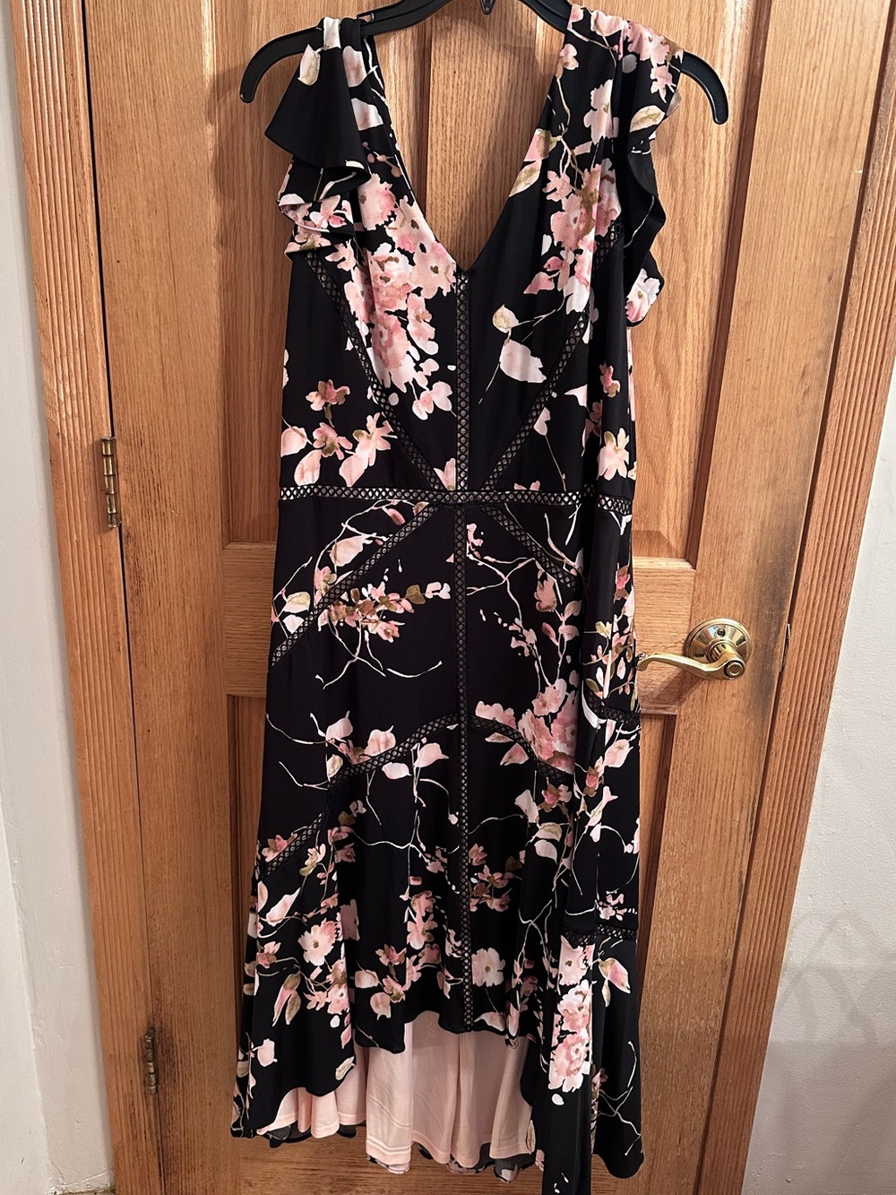 Taylor Black High-Low Floral V-Neck Dress with Pink Blossoms